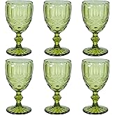 CHLJAR Vintage Wine Glasses Set of 6, 12 OZ Colored Glass Water Goblets, Embossed Floral Decorative Crystal Glass Cups Set, Dishwasher Safe, for Wedding, Party, Red Wine Glass, Bars, Restaurants