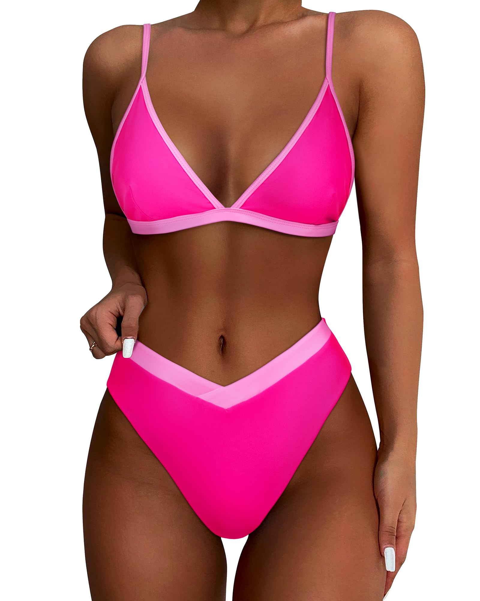 Photo 1 of SUUKSESS Women Triangle High Cut Bikini Sets Sexy High Waisted Color Block Two Piece Swimsuits Push Up Bathing Suits(Pink Color Block,L)