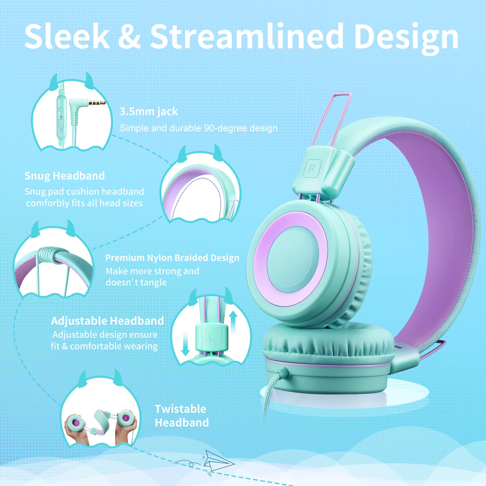 P10 Kids Headphones with Microphone Stereo Headphones for Children Boys Girls,Adjustable 85dB/94dB Volume Control Foldable On-Ear Headphone with Microphone for School/PC/Cellphone(Green)