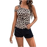 MakeMeChic Women's Leopard Print One Shoulder Tops Sleeveless Party Tee Shirt