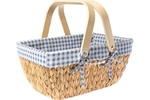 StorageWorks Wicker Basket with Washable Linner, Empty Gift Baskets with Wooden Handle, Water Hyacinth Easter Baskets for Camping, Blue and White Checkered