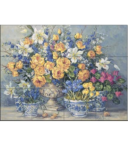 Mural De Azulejos Florales Amaryllis - 5 Piezas De 6x15 Cm, Cerámica Brillante, Para Salpicaduras De Cocina/baño