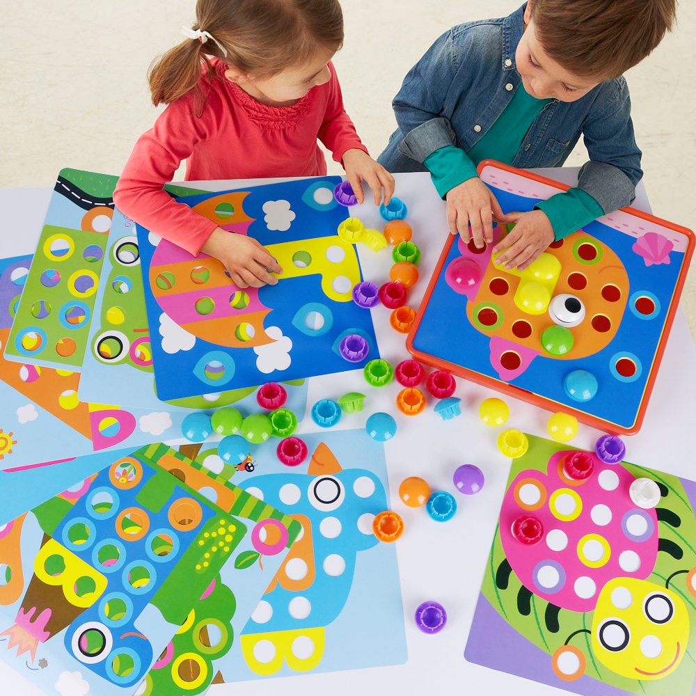 AMOSTING Button Art Toy – Educational Color Matching Mosaic Pegboard Sensory Learning Activity for Kids Age 3 4 5, Preschool Gift for Toddlers, Boys and Girls