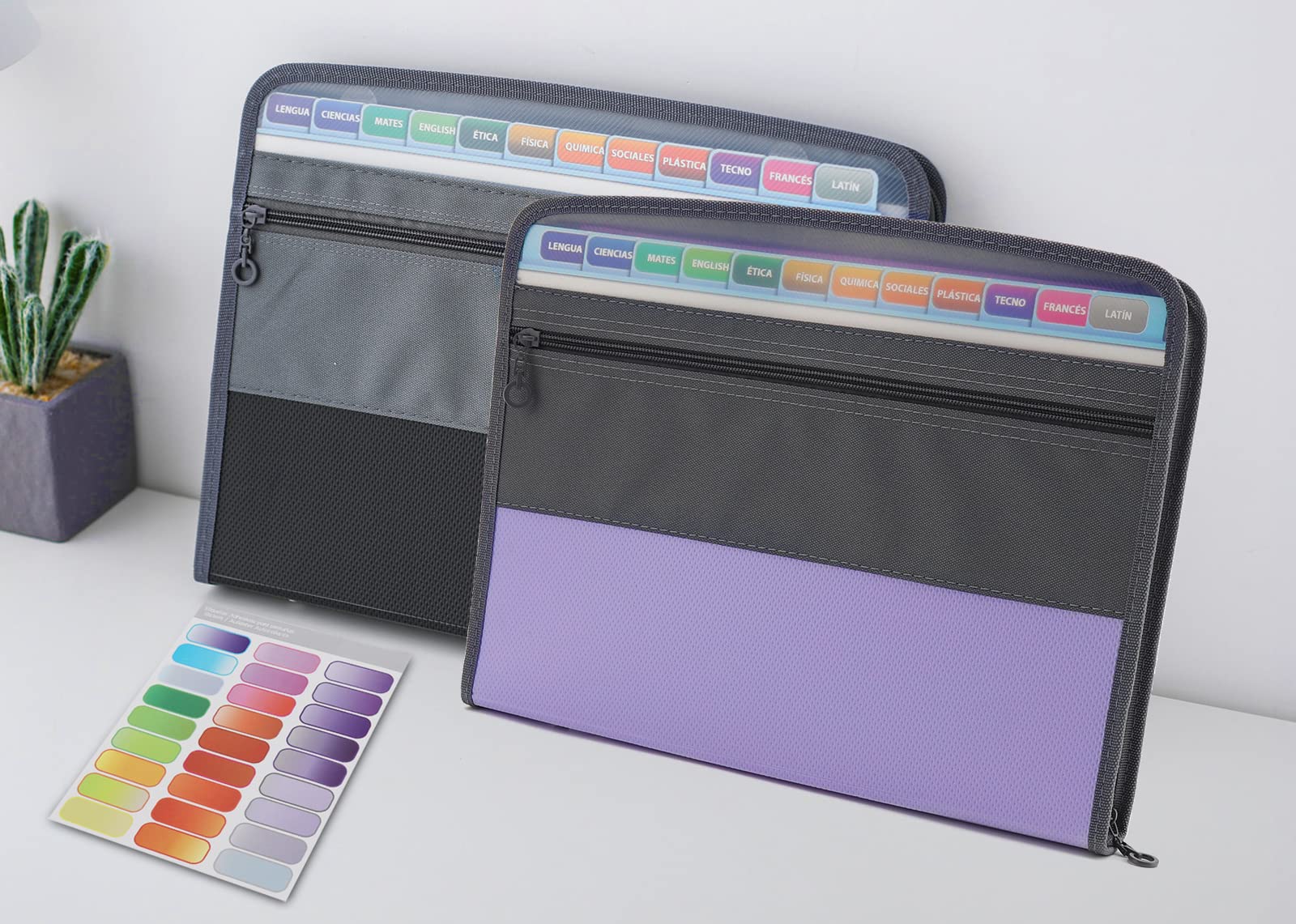 NAFY Accordian File Organizer, 13 Pockets Expanding File Folder with Zipper, A4 Letter Size Portable Accordion Expanding File Folders with Multicolor Labels for Office School Supplies (Black+Purple)