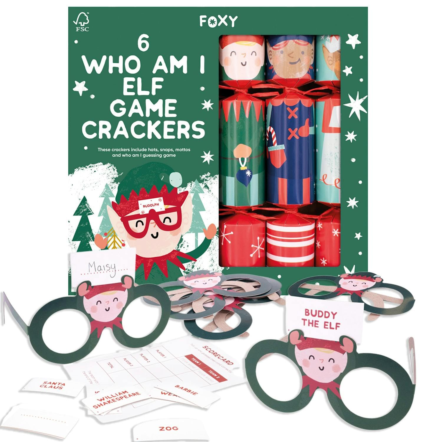 Celebration Crackers – 6 x 12-Inch Foxy Elf Who Am I Family Game Christmas Crackers for Kids – FSC Certified, Recyclable Packaging, No Plastic, Reusable Contents