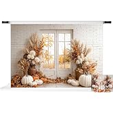 Kate Fall Pumpkin Floral Window Photography Backdrop, 7x5ft | Cozy fall window scene with pumpkins, maple leaves, florals, and a white wall; printed autumn photo background.