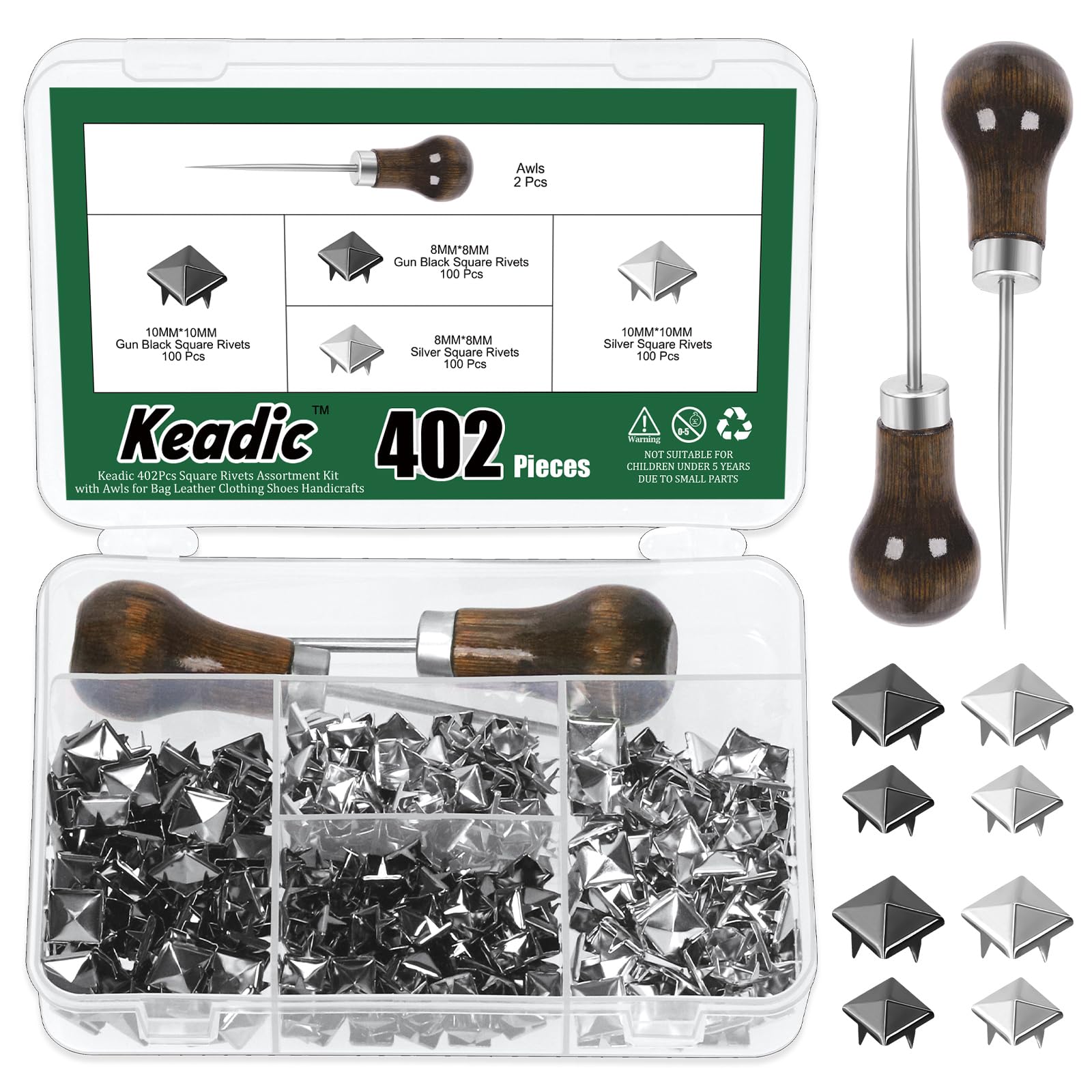 Keadic 402Pcs 4 Prong Square Pyramid Studs Assortment Set with Awl and Storage Case, Black and Silver 8mm 10mm Metal Nailhead Studs Spikes Handicraft Rivets for DIY Leather Clothing Shoes Bags