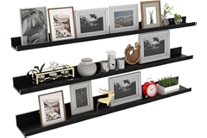 Giftgarden 47 Inch Black Floating Shelves Ledge, Wall Mount Long Picture Rail Large Woodgrain Photo Shelving for Living Room Bedroom Office, Set of 3 Different Sizes