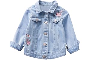 Jean Jacket for Girls Flower Embroidered Collared Denim Jacket Kids Toddler Cute Preppy Long Sleeve Button Outwear