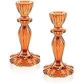 Glass Candle Holders, 2PCS Pillar Candle Holders Decorative Candlestick Holders Table Centerpieces Valentines Wedding Home Decor, Orange