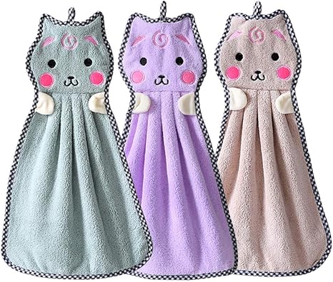 Amazon Onkemu お手拭きタオル マイクロファイバー ループ付き 吸水 速乾 可愛い ハンドタオル ふわふわかわいい猫のデザイン 吸水性 家庭用 キッチン 洗面台 トイレ 洗面所 リサイクル 3点セット グリンー パープル コーヒー ハンドタオル ホーム キッチン