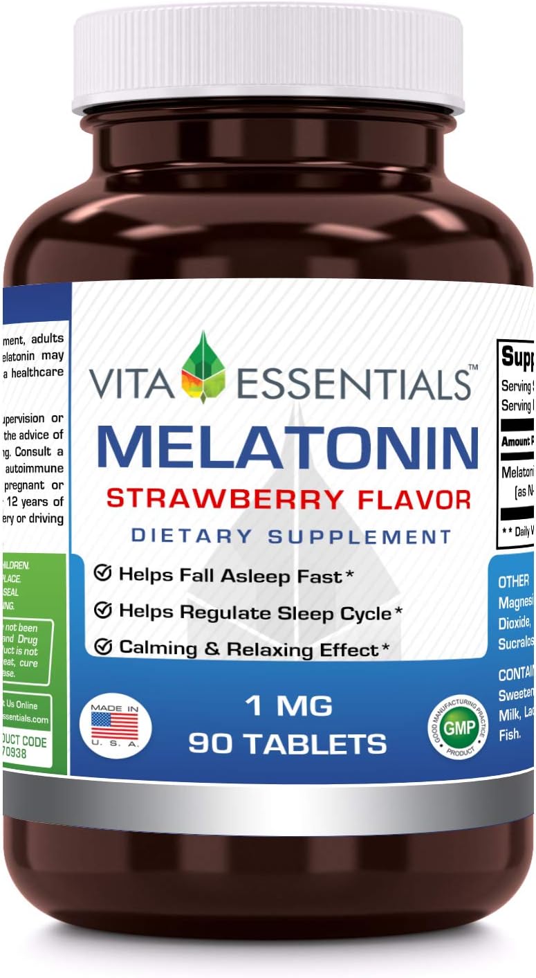 Vita Essentials Melatonin Strawberry 1 Mg Tablets, 90 Count