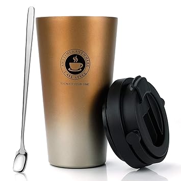 MojiDecor Edelstahl Kaffeebecher Thermobecher mit Schraubdeckel und Kaffeelöffel, Isolierbecher 500ml Coffee to go Autobecher