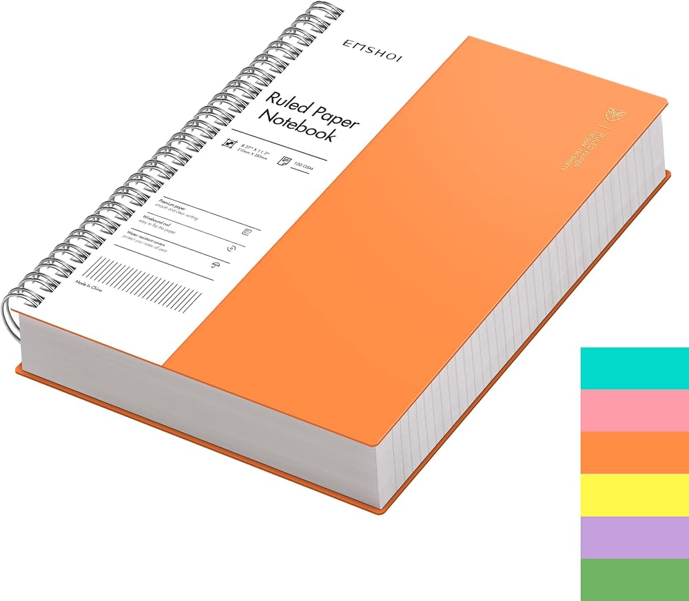 EMSHOI A4 Notebook 300 Pages 100gsm Lined Wirebound Waterproof Cover Orange