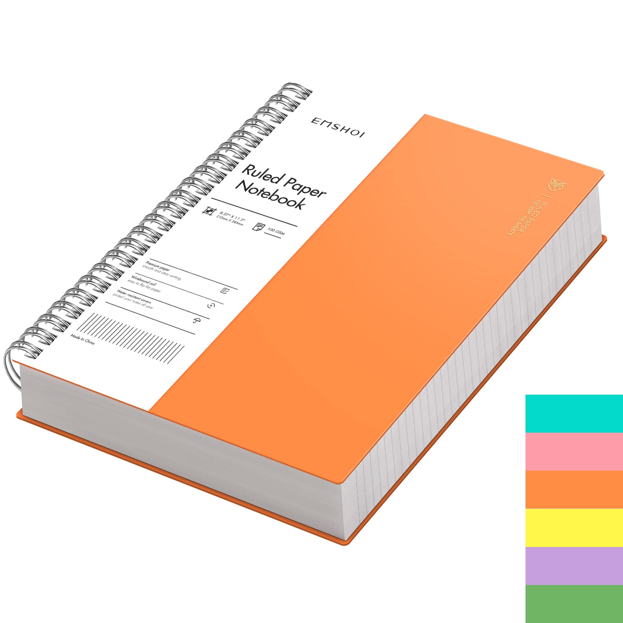 EMSHOI A4 Notebook College Ruled - 300 Pages/150 Sheets, Wirebound Notepad with 100gsm Lined Paper, Waterproof Softcover, Journal for Women Men Work Office School Writing, 21.5x27.9cm, Orange