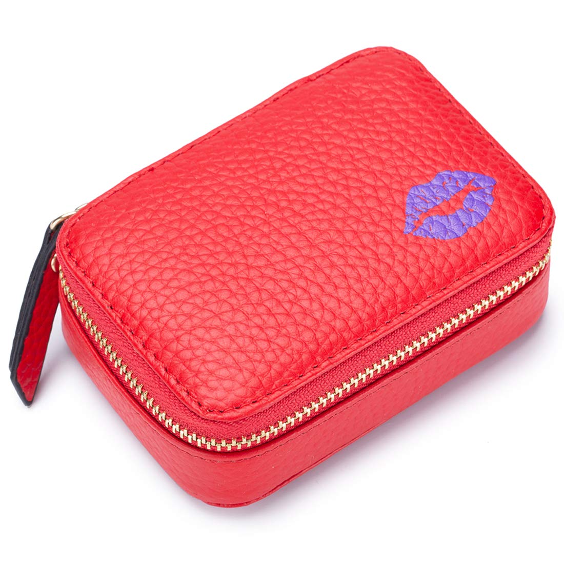 Aileder Mini Lipstick Case Holder Box with Mirror Genuine Leather Small Travel Makeup Cosmetic Pouch Bag Storage Kit for Women Girls (Red)