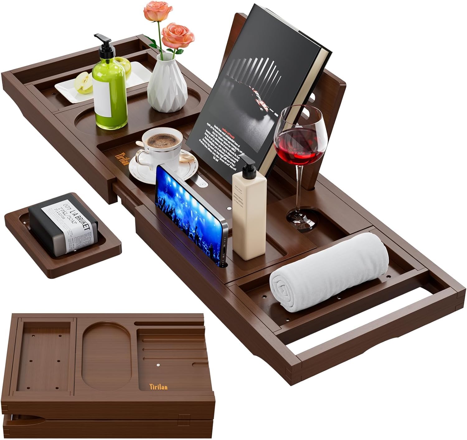Yirilan Premium Bathtub Tray Caddy, Expandable Bath Tray, Foldable Premium Bath Caddy, New Home, Anniversary and Wedding Gifts for Couple, Bridal Shower Gift for Women - Fits Most Bath Sizes（Brown）