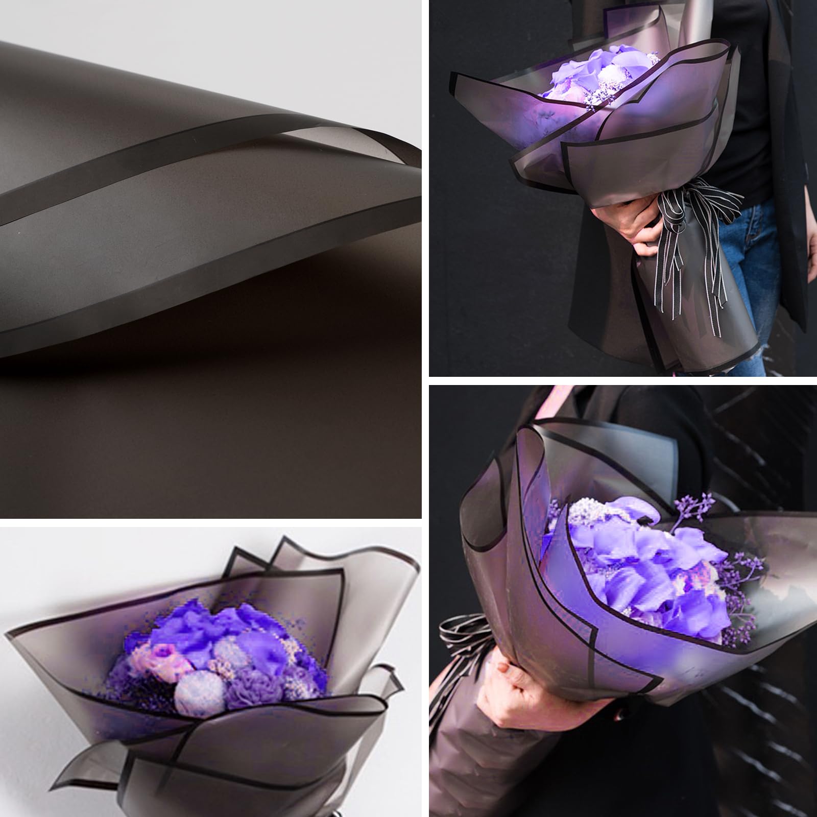 Kosotody 20 Sheets Frosted Flower Wrapping Paper Black Line Waterproof Florist Bouquet with Ribbon for Bouquets DIY Crafts Packaging Bouquet, 22.8x22.8 inch (Black), KOS039-FROSTWRAPSWHITE