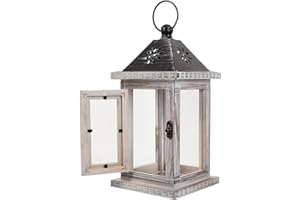Generic Rustic Vintage Candle Holder Wooden Lantern with Iron Frame Hanging Decor for Indoor Outdoor Use