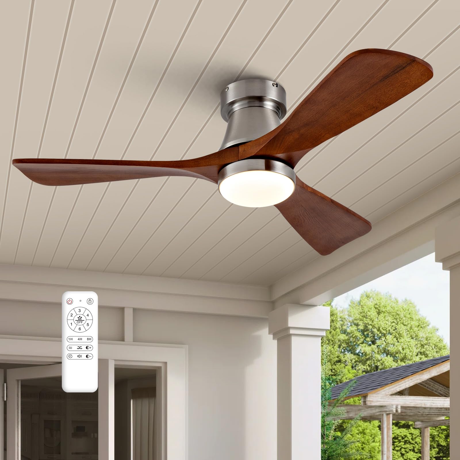 Photo 1 of **PARTS ONLY** FUJIBONNY 42-Inch Brushed Nickel Ceiling Fan with Lights, Remote Control, Flush Mount, Dimmable, Reversible, Wood Blades, Power-Off Memory, Modern Hugger Ceiling Fan for Indoor Outdoor