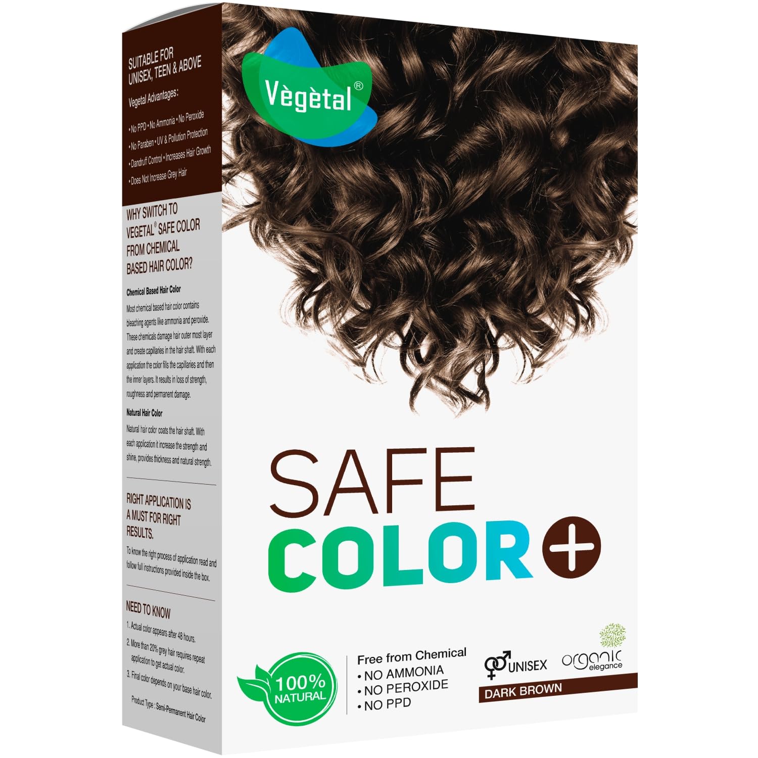 Vegetal Safe Hair Color -Dark Brown 100gm |Chemical and Allergy Free, Certified Organic Natural Hair Color for Men and Women with No Ammonia Formula