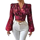 OYOANGLE Women's Floral Printed Ruffle Trim Blouse V Neck Lantern Long Sleeve Casual Crop Tops