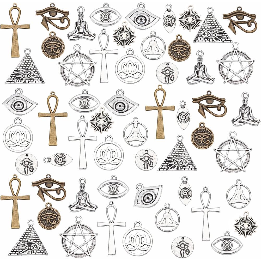 PH PandaHall 14 Styles Evil Eye Charms, 56pcs Cross Pendant Star of David Charm Yoga Lotus Charms Pendant Tibetan Dangle Charms for Easter Ramadan Craft DIY Necklace Bracelet Earrings Making