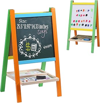 HALO NATION Kids Standing Art Easel Board with Whiteboard and Chalkboard Magnetic Alphabet Toddlers Gifts - Colour Body Self Standing Writing Wooden Board