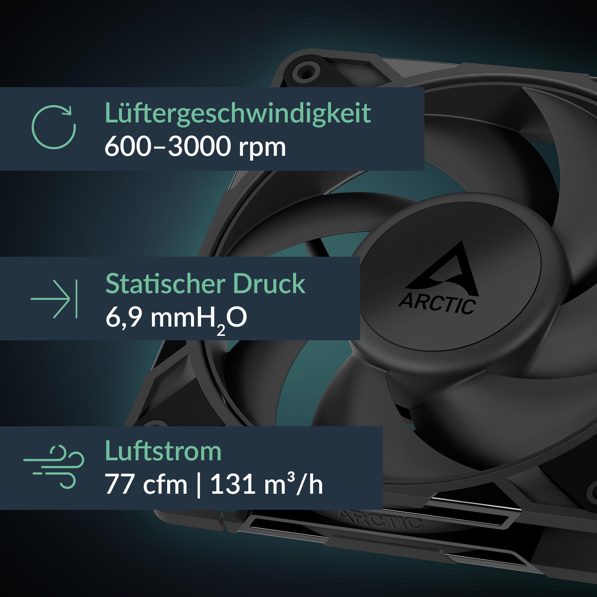 ARCTIC P12 Pro PST (5 Stück) - Leistungsstarker Premium PC Lüfter, 120 mm PWM Case Fan mit Y-Kabelsplitter, Gehäuselüfter, 600–3000 rpm, 0 rpm <5% PWM, Hydrodynamisches Gleitlager, 4-Pin - Schwarz 3