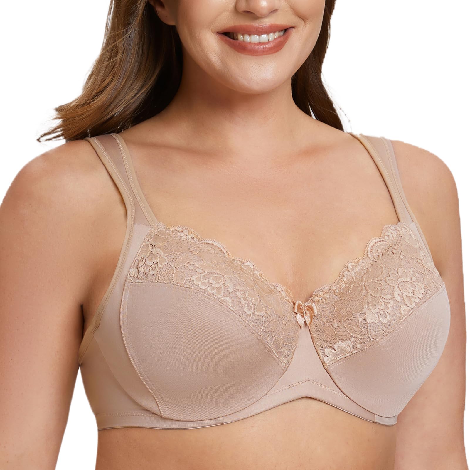 Photo 1 of MELENECA Women's Full Coverage Underwire Bra Minimizer Plus Size Lace Comfortable Cushion Strap Beige 48DD