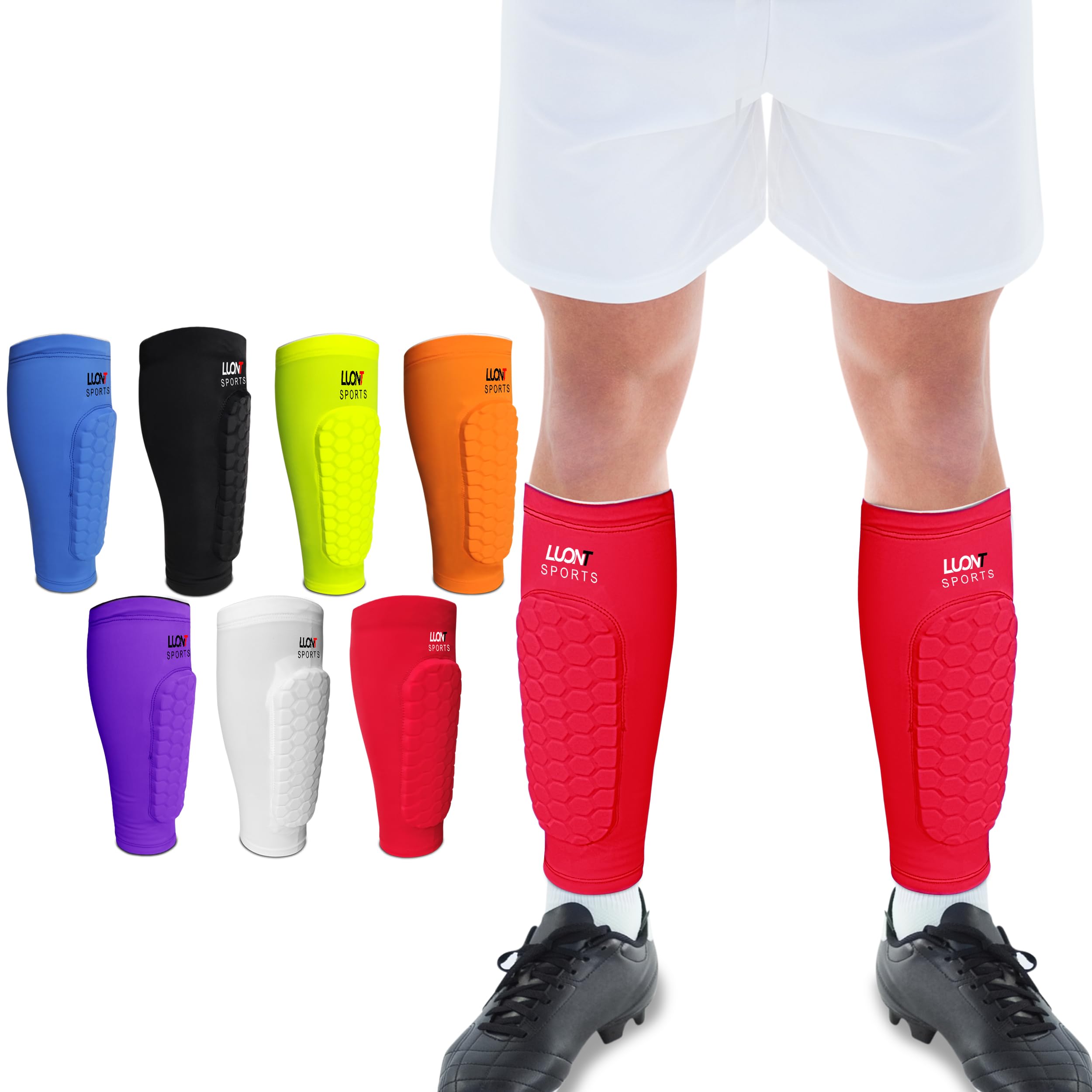 LUONT - Soccer Shin Guards for Men, Women & kids | Protective Football Soccer Pads with Superior Impact Absorption, Breathable, & Lightweight | Football Shin Guards Sleeves (L, Red)