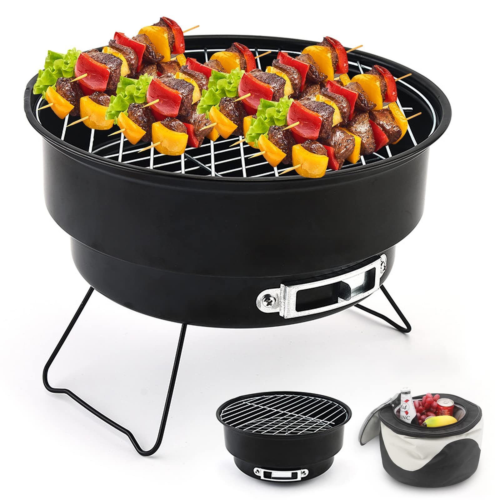 Shineyoo Portable BBQ Grill - Small Charcoal Barbecue with Insulated Bag for Camping, Outdoor, Travel & Garden - Black, 26 × 26 ×18cm