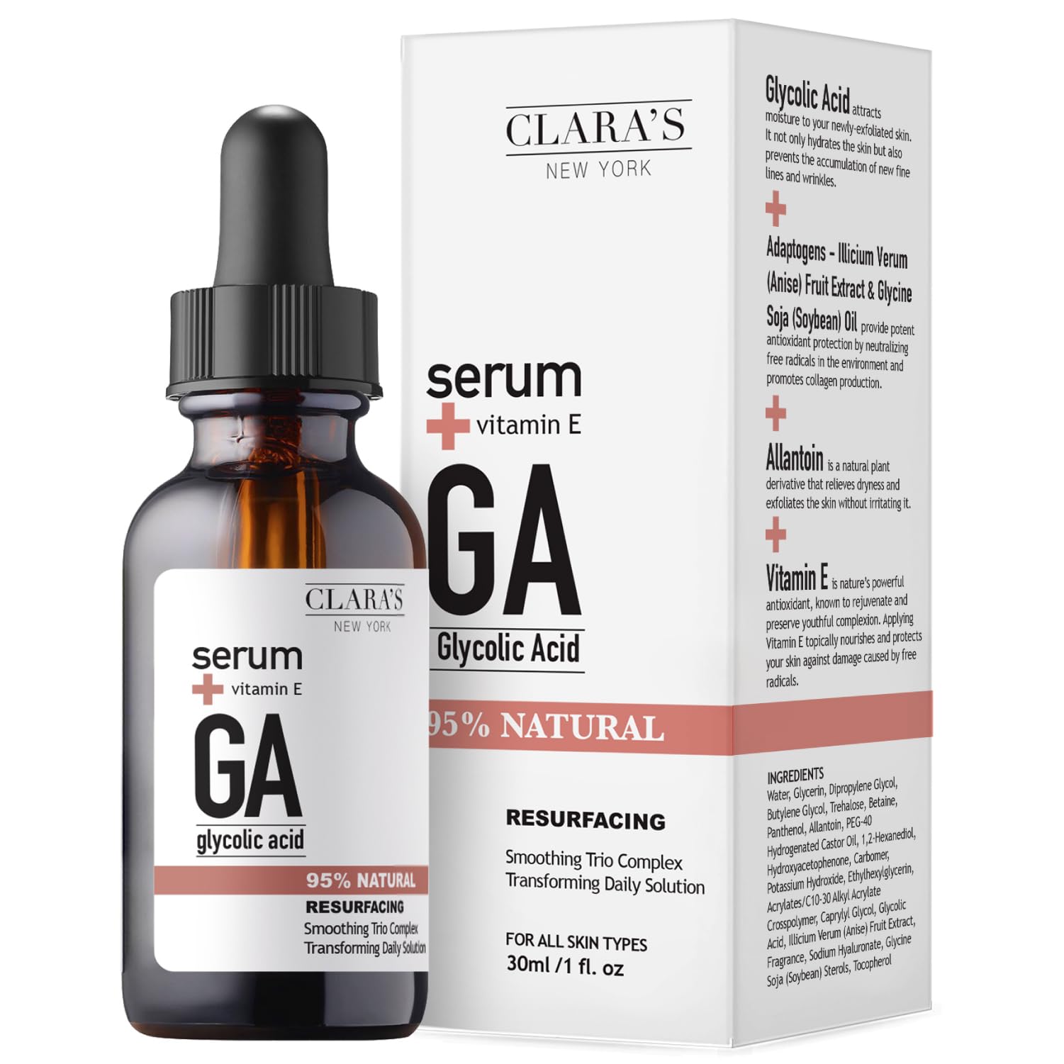 Clara's New York Resurfacing Glycolic Acid Facial Serum with Vitamin E, Brightening and Exfoliating Face Serum for Uneven Skin Tone, Suitable For All Skin Types 30ml