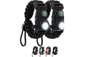 NESAYVER Survival Bracelets, Paracord Bracelets (2 pcs) with Loud Whistle Light Flint, Adjustable Compass Bracelet for Outdoor Camping Hiking Fishing Hunting, Multitools Tactical Gear, Bearable 300 lb