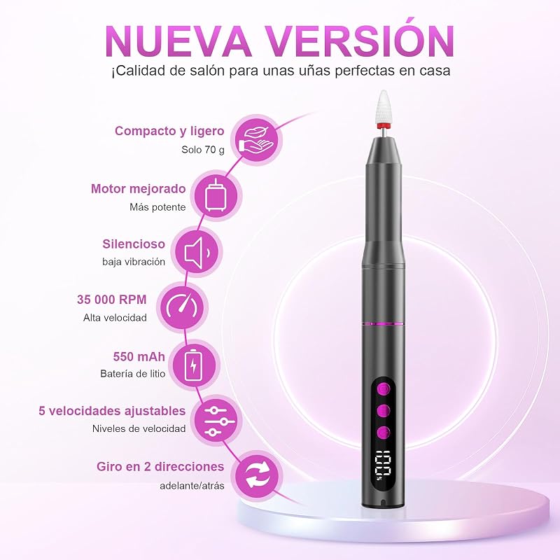 Torno para Uñas Profesional 35000 RPM USB, Set de Manicura 12 en 1
