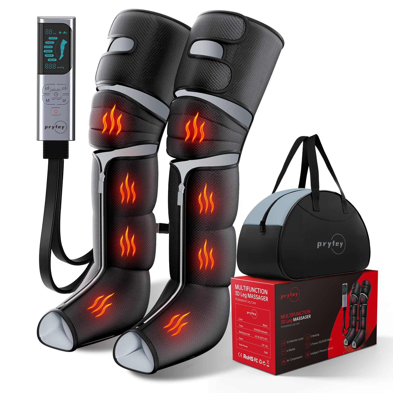 Photo 1 of pryfey Leg Massager with Heat and Compression, Foot Massager for Circulation and Pain Relief, 3 Timers, 12 Intensity, 6 Modes,3 Heating with Knee Massager,Gift for Man Woman Parents,Black