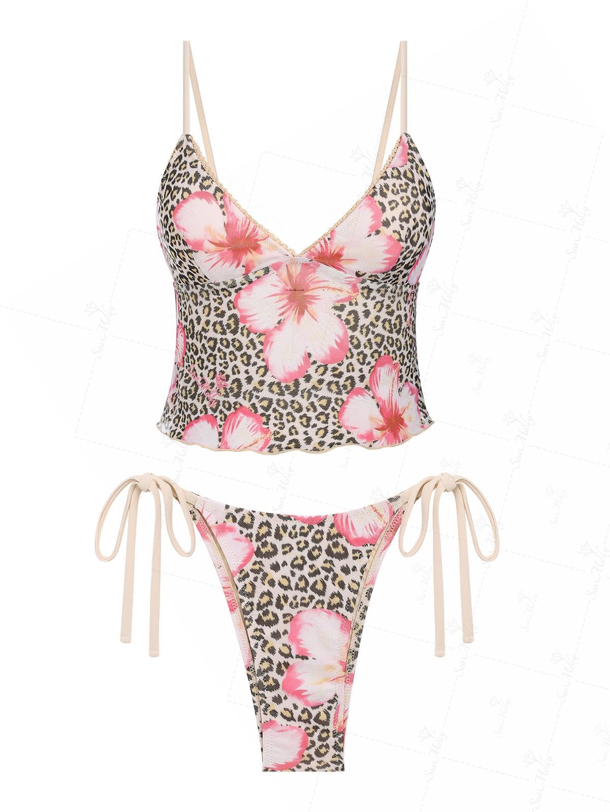 Photo 1 of seamoly Vintage Leopard Floral Print Lace Trim Tie Side Tankini Set,Light Coffee,L