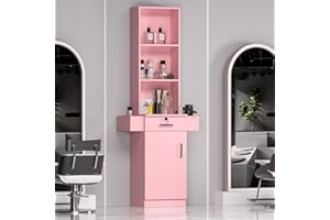 TOVRON Pink Barber Salon Work Station for Hair Stylist Home Beauty Salon Equipment Barber Supplies Organizer Cabinet 70 Inch Barbershop Furniture