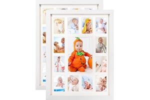 GMFrames Baby First Years Photo Frames 12 Month Picture Frame School Years Graduation Photo Collage White Frame with Mat, Displays One 5x7 Photo and Twelve 2.5x3.5 Pictures,Set of 2