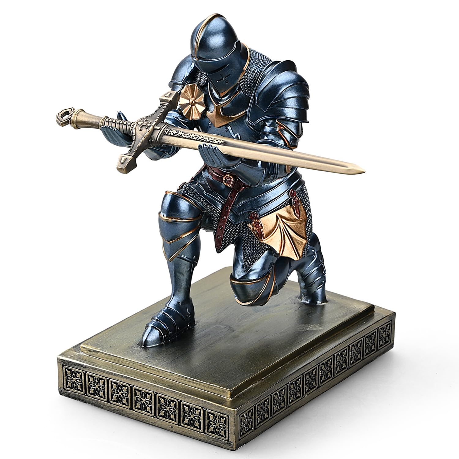 Amoysanli Medieval Armored Warrior Knight Pen Holder Desk Organizers and Accessories Resin Pencil Holder Paperweight as Gift with a Cool Letter Opener for Desk (Blue)