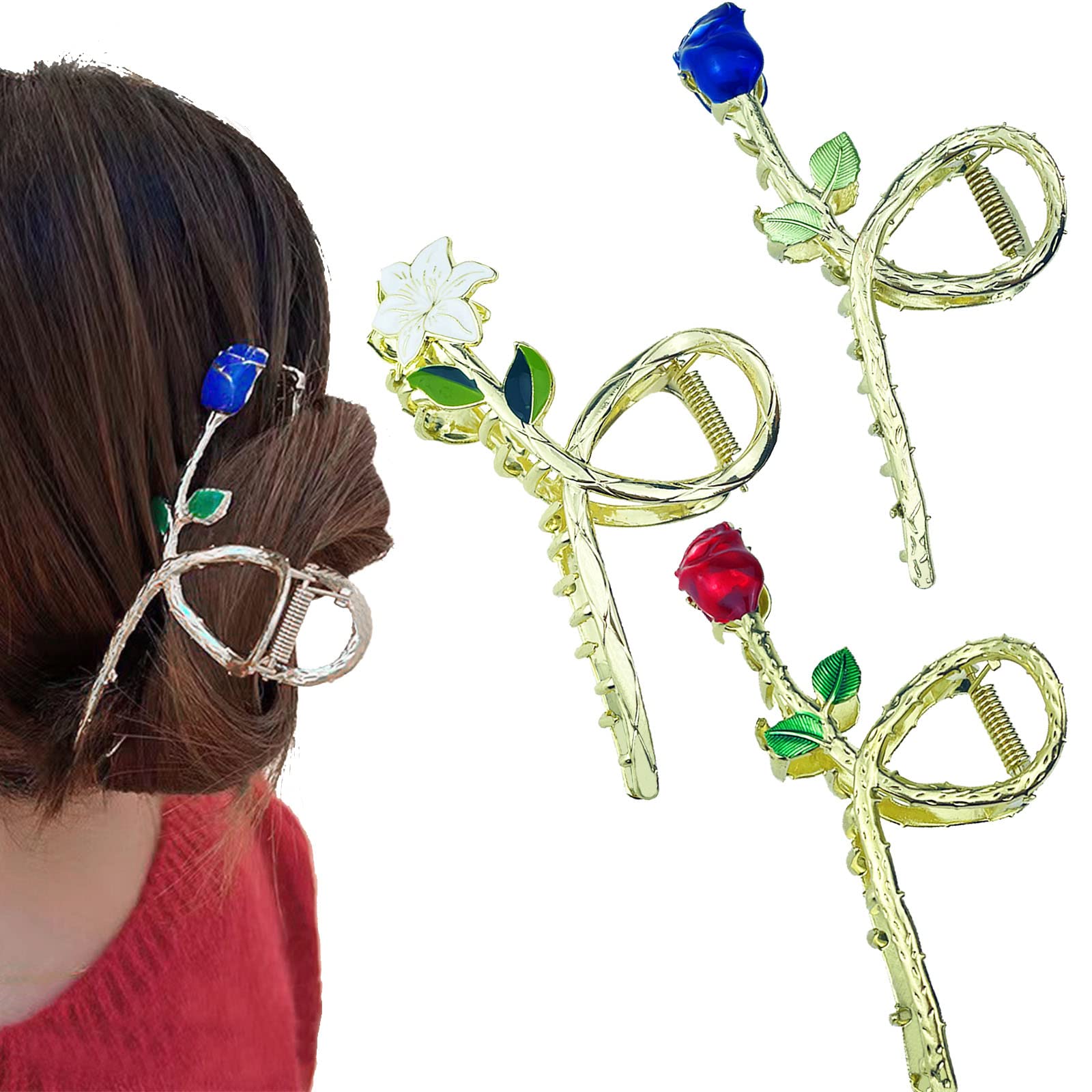 3 Pcs Large Metal Hair Clips Tulip Hair Clips Rose Flower Claw Clips Women for Straight Curly Long Hair Thicken Hair