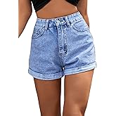 SweatyRocks Women's High Rise Roll Up Hem Straight Leg Denim Jean Shorts with Pocket