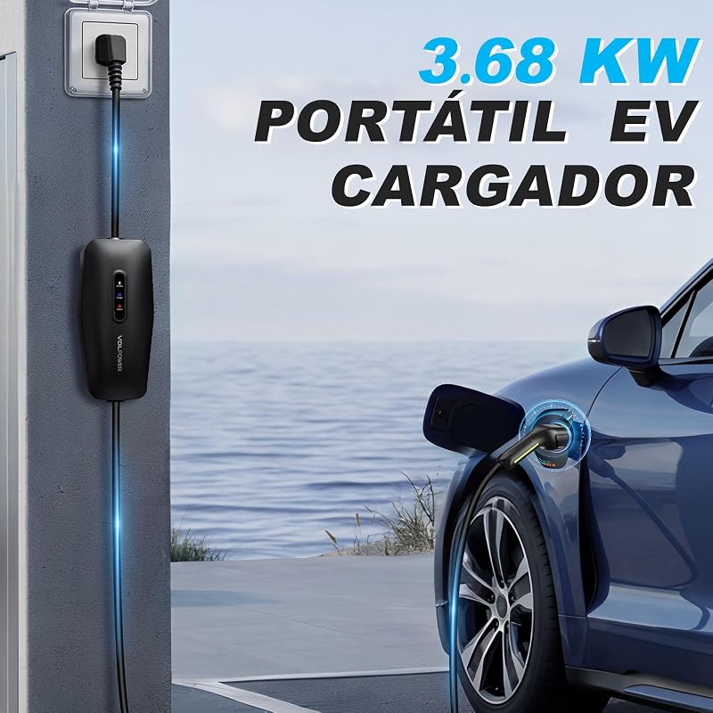 Cable Carga Coche Electrico, monofasico, portatil, Plug & Play, 16A, 7 m, IP65, Mode 2, para Mayoría EVs & PHEVS