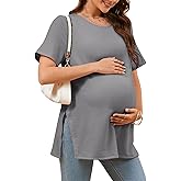 Tankaneo Womens Maternity T Shirts Summer Ribbed Short Sleeve Tunic Tops Textured Side Split Tee Pregnancy Clothes