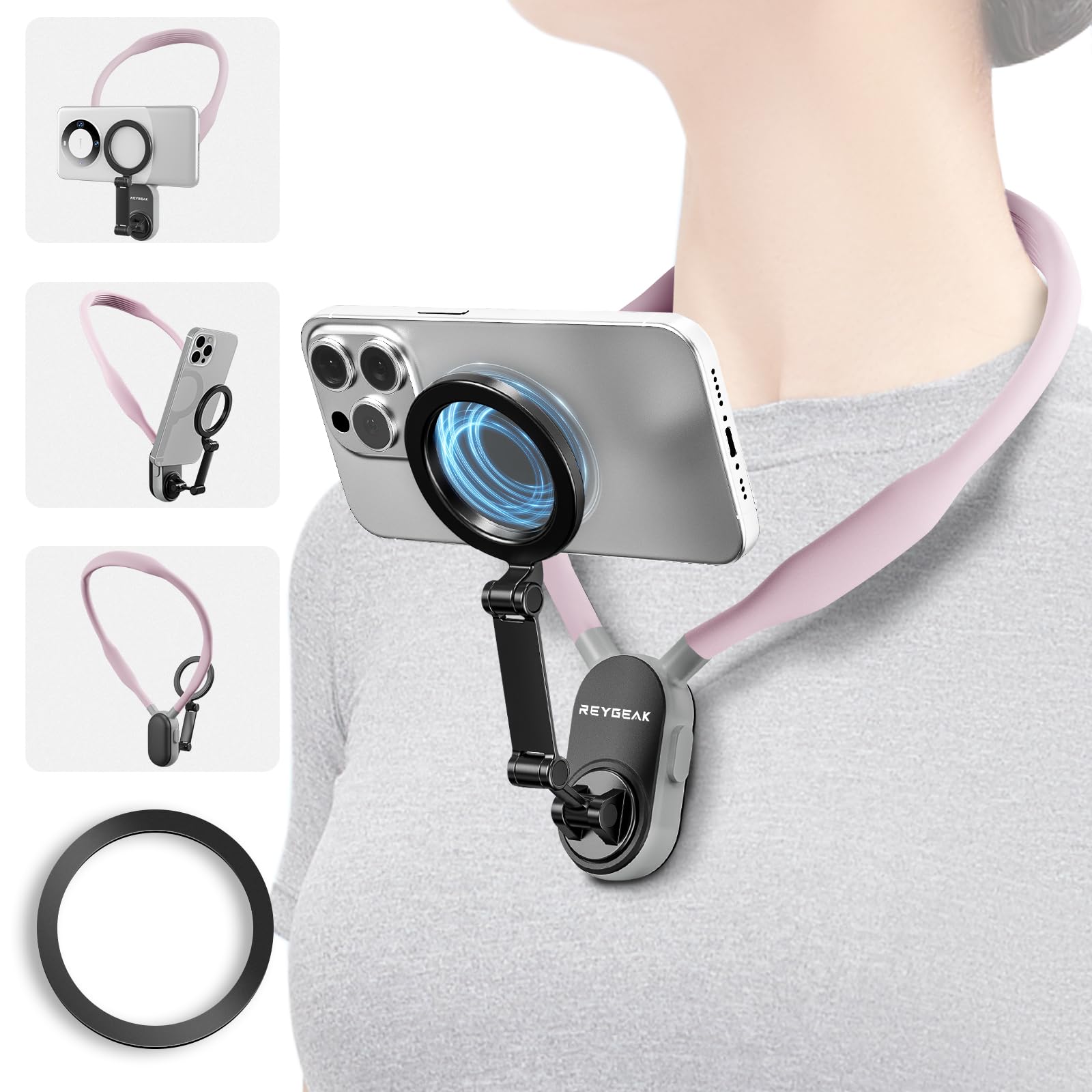 Sakura Magnetic Phone Neck Holder - POV/Vlog Selfie Mount - Hand Free cell Phone Mount Chest Stand - Video Recording - iPhone 12-16 Pro Max Plus Min via Sakura Pink