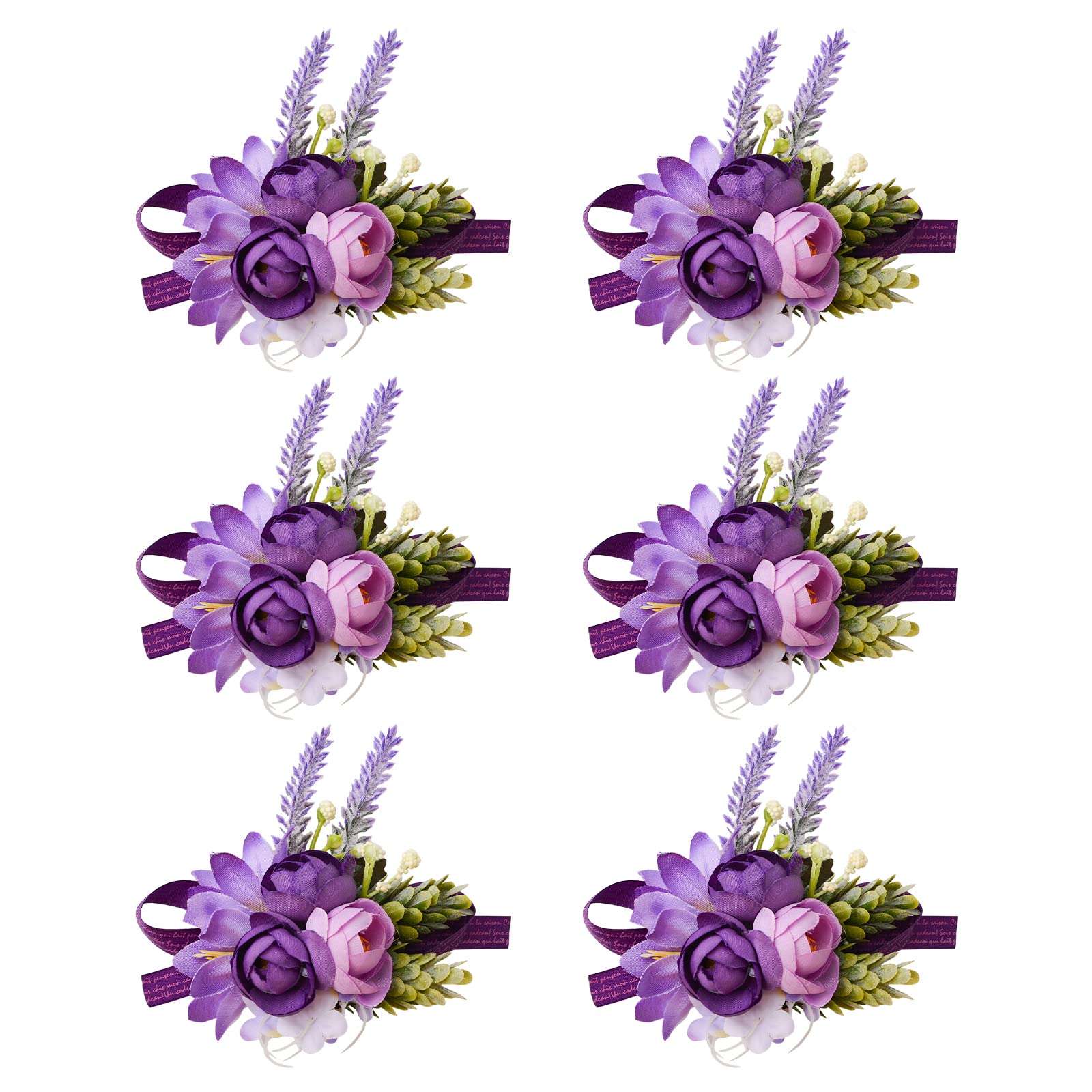 URROMA 6 PCS Wrist Corsage Flower, Purple Corsage Wrist Band Bouquet Suit Decoration Hand Flower Decor for Bridesmaid Bridal Wedding Prom Party