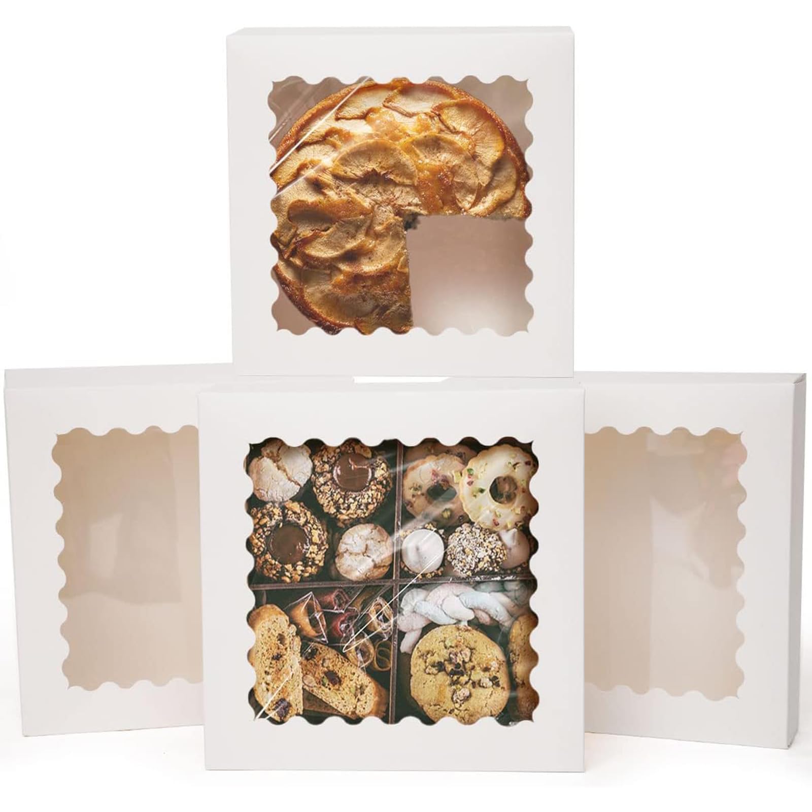Gcardist Auto-pop Up White 20.3x20.3x6.4cm 12Pcs Cookie Box with Window Pastry Macaron Bakery Box For Packaging (8x8x2.5 inch)