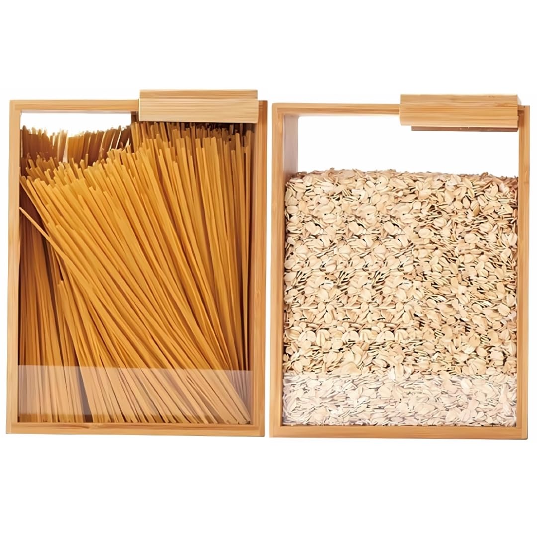 Photo 1 of 2 Pack Bamboo Food Storage Container Dispenser 3L Kitchen Organizers and Large Capacity Pantry Organization Storage For Cereal, Rice, Snacks