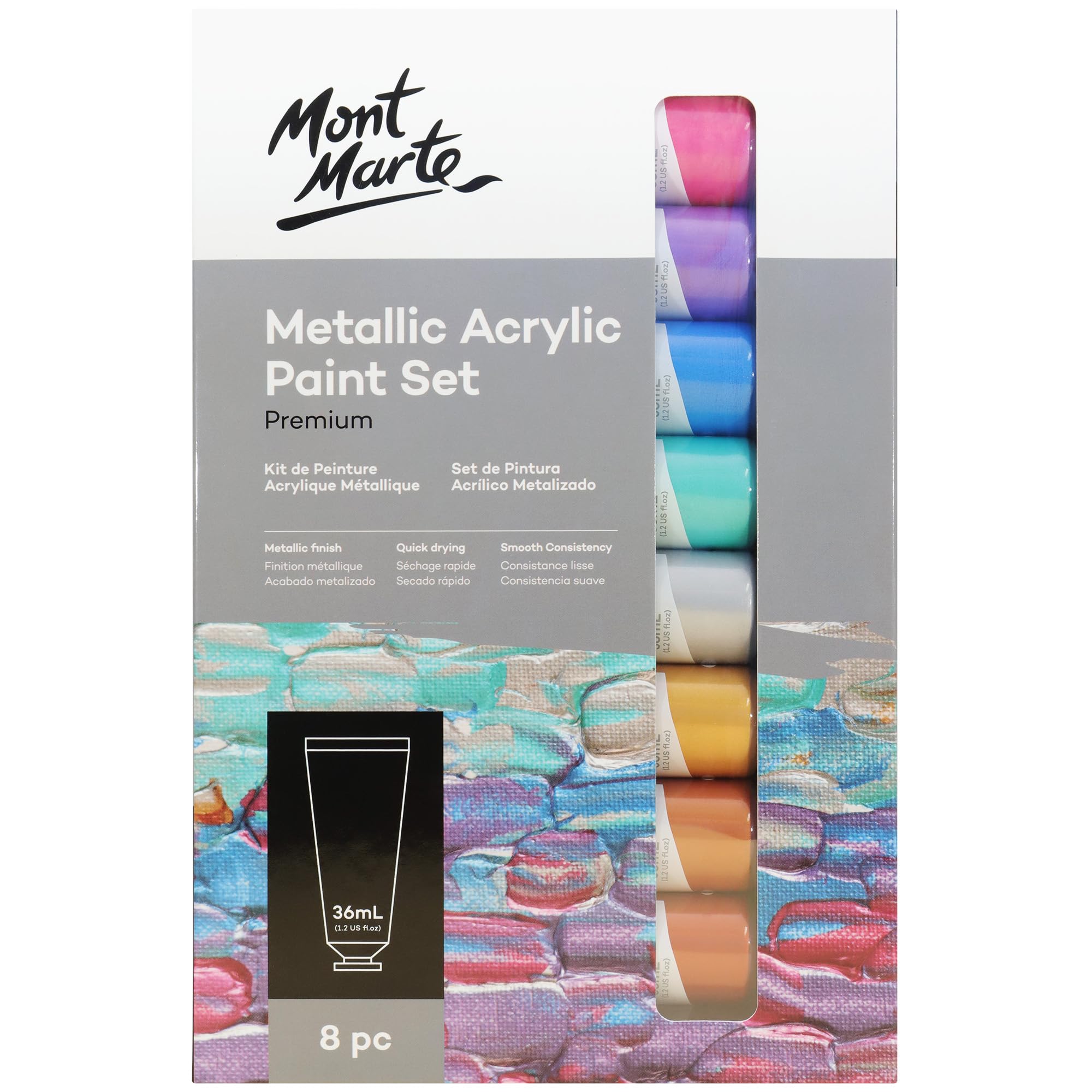 MONT MARTE Metallic Acrylic Paint Set 8 Piece x 36 ml Tubes, Lightfast Colors with Smooth Consistency and Opaque Metallic Finish.
