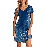 Ekouaer Nightgowns for Women Short Sleeve Sleepshirt V Neck Short Nightshirt Pullover Soft Ruffled Sleepwear S-XXXL